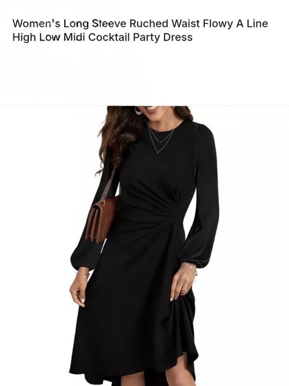 Long Sleeve Ruched Waist A-Line Midi Dress - Black